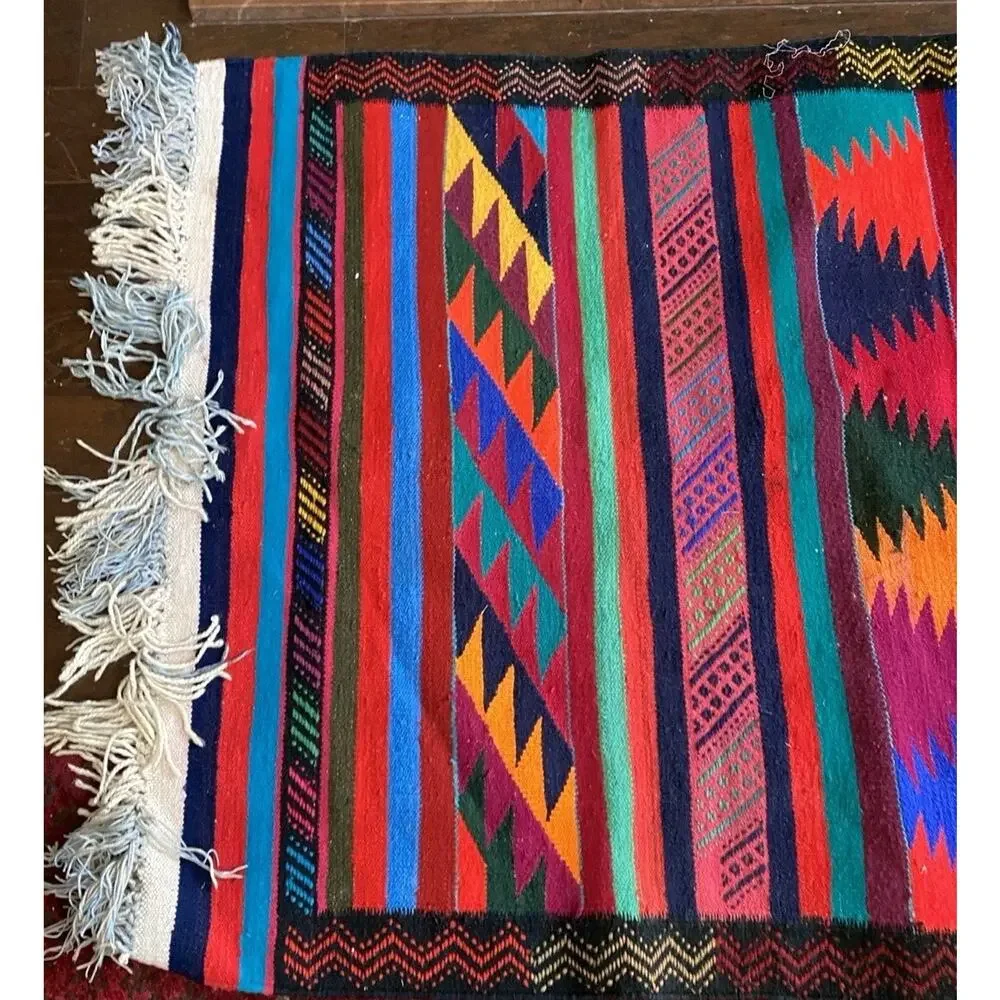 Vintage Turkish Kilim Rug 35x49 Wool Hand Woven Tribal Boho Accent Rug Striped